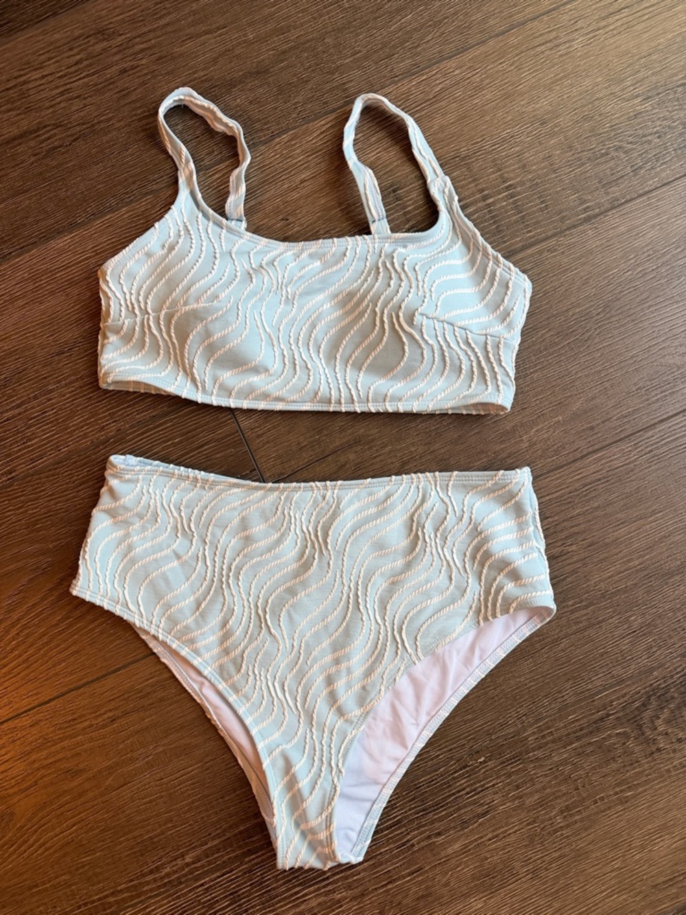 NWOT Light Blue and White Wave-Texture Two-Piece Bikini